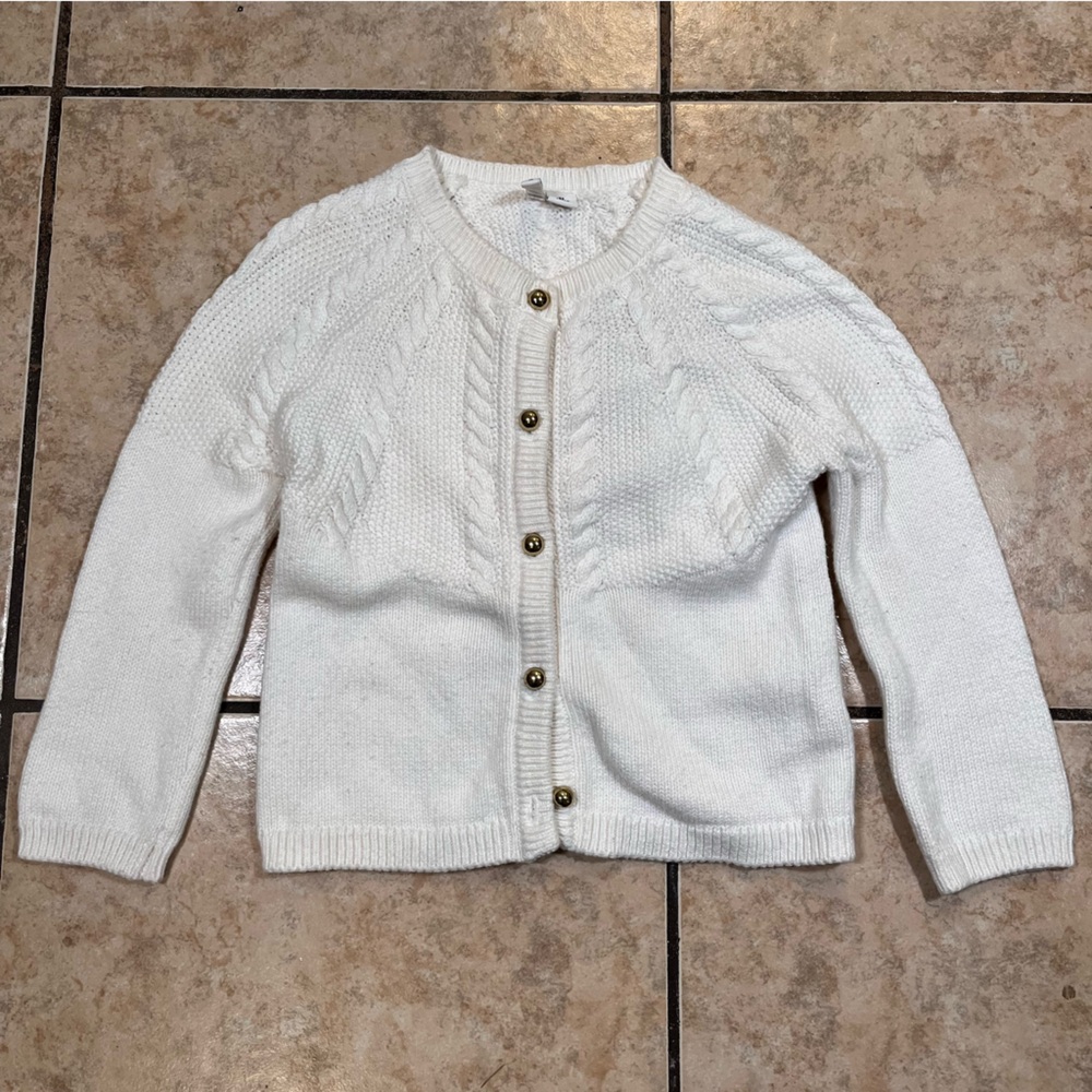 Janie & Jack Sweater Toddler Girl 2T White Cable Knit Gold Button Cardigan Cotto